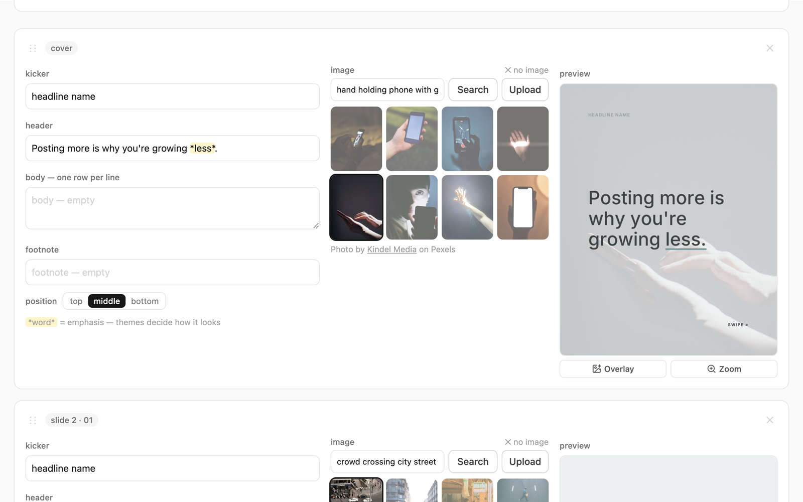 The slide editor showing a card per slide with kicker, header, body, and image controls